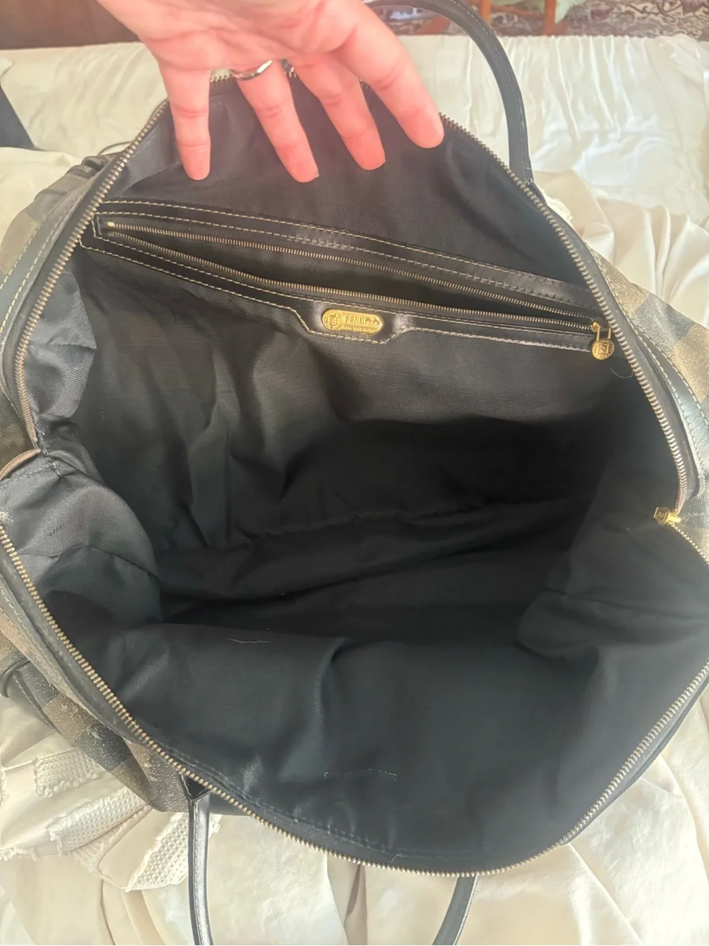 Fendi Striped Pequin Canvas /w Black Leather Duffel Bag